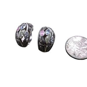 Sterling silver Multi-Color Cubic Zirconia Marcasite clip on earrings